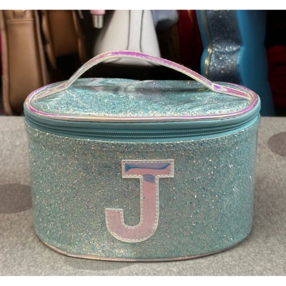 Girls Justice Initial J Glitter Aqua Seafoam Green Makeup Train Case Makeup Bag